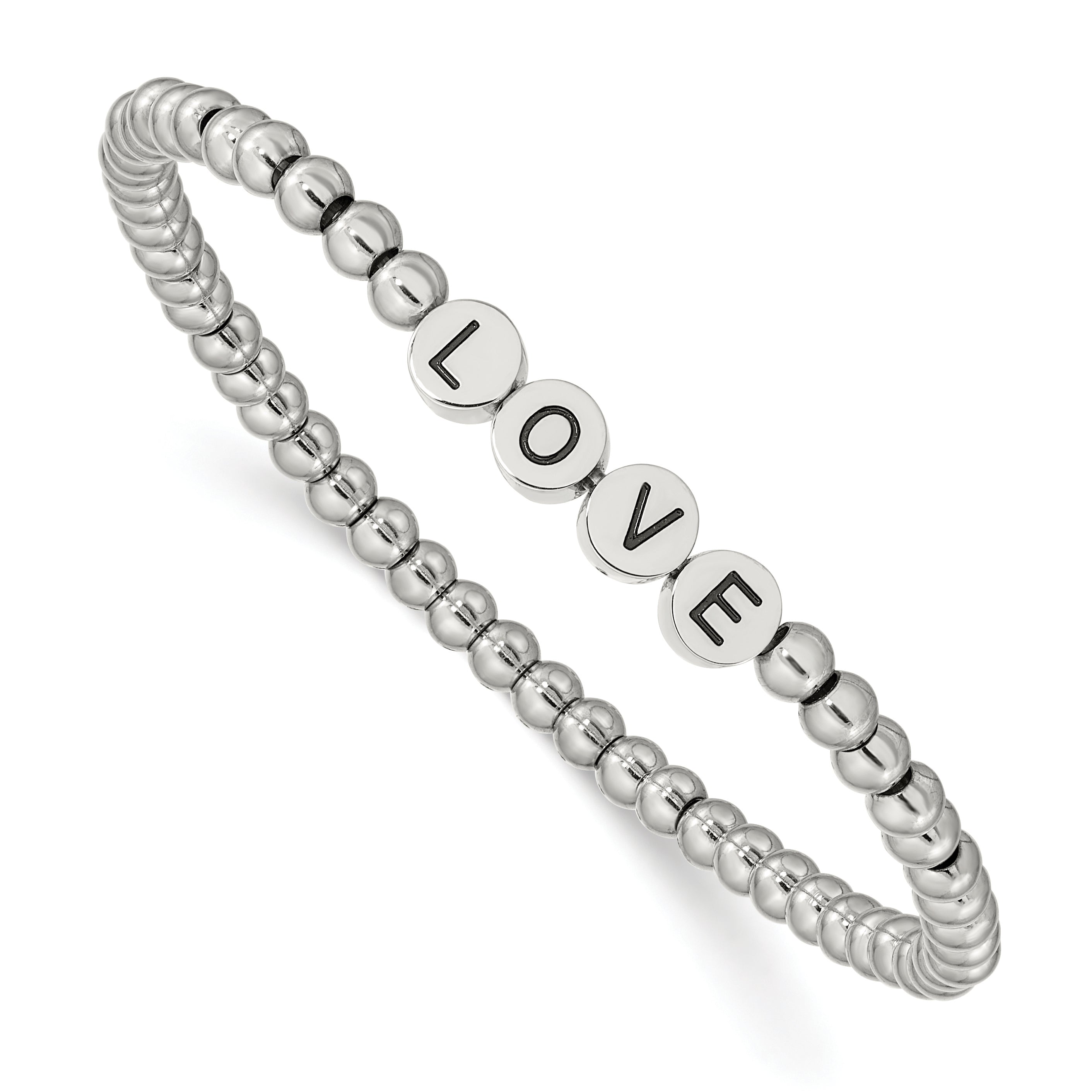 Stainless Steel Antiqued and Polished Love 4mm Beaded Stretch Bracelet for Women