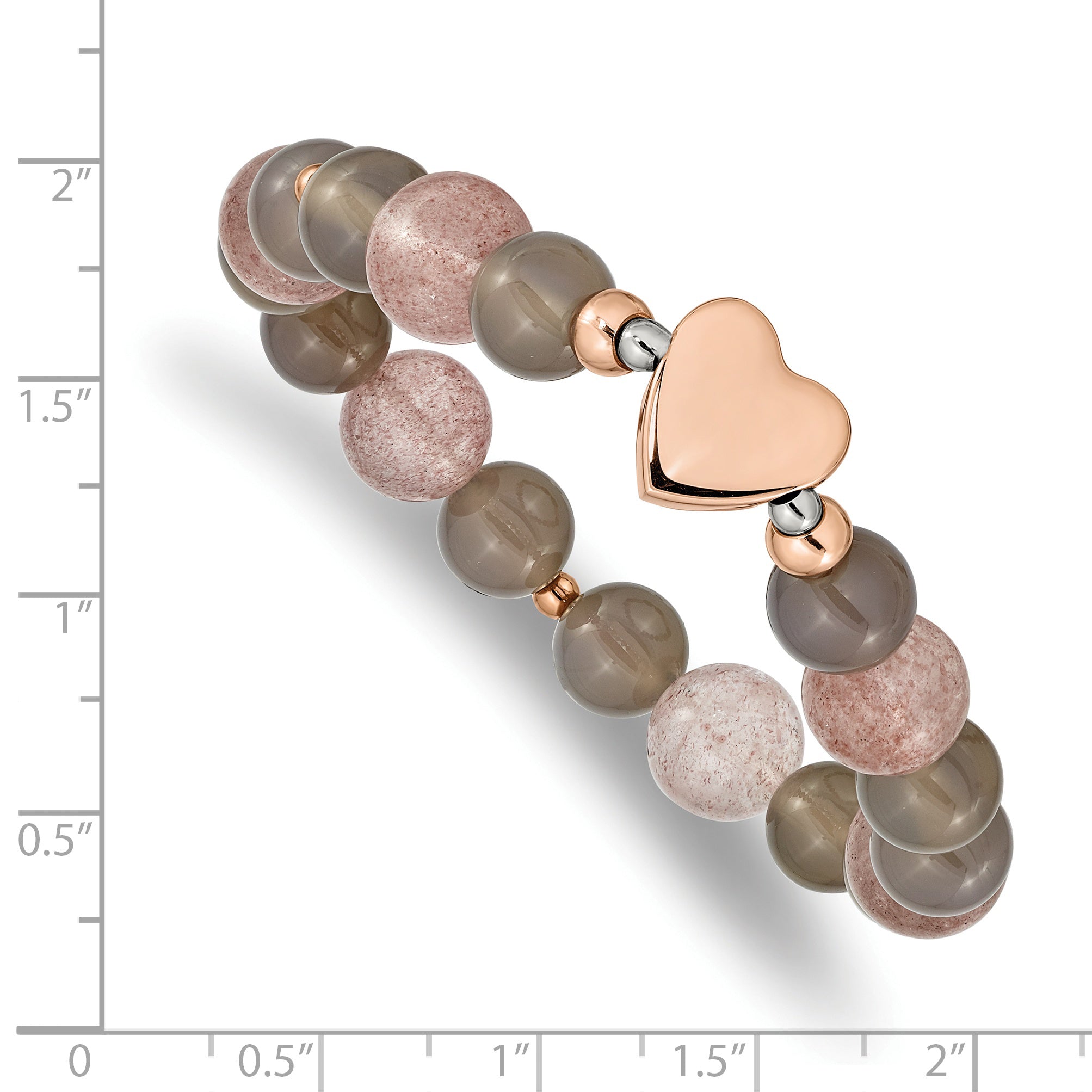 Stainless Steel Polished Rose IP-plated Heart 10mm Grey Agate and Strawberry Quartz Beaded Stretch Bracelet for Women