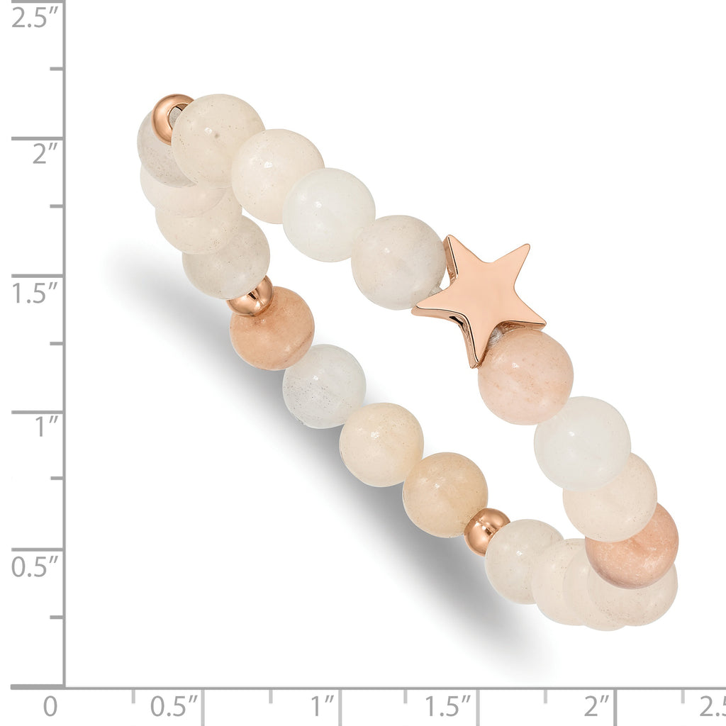 Stainless Steel Polished Rose IP-plated Star 8.5mm Pink and White Aventurine Beaded Stretch Bracelet for Women
