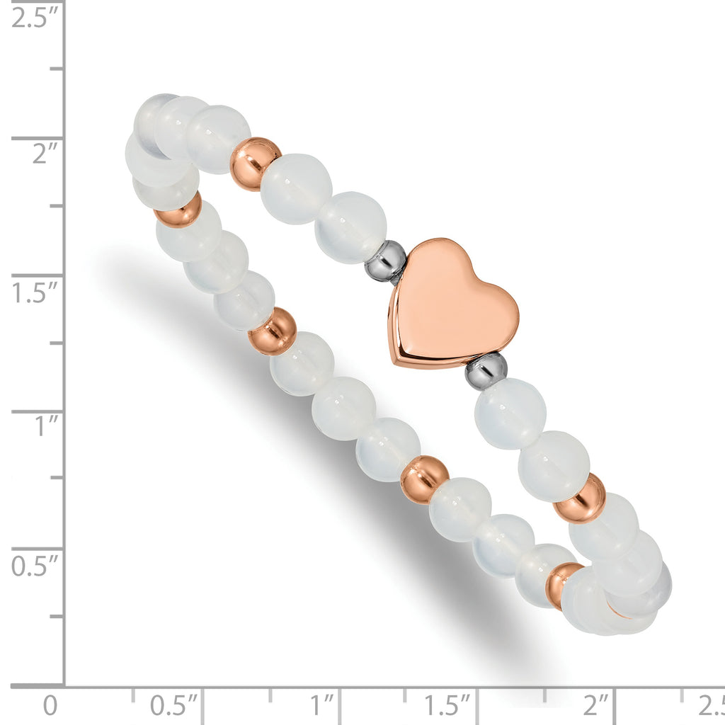Stainless Steel Polished Rose IP-plated Heart 6mm White Agate Beaded Stretch Bracelet for Women