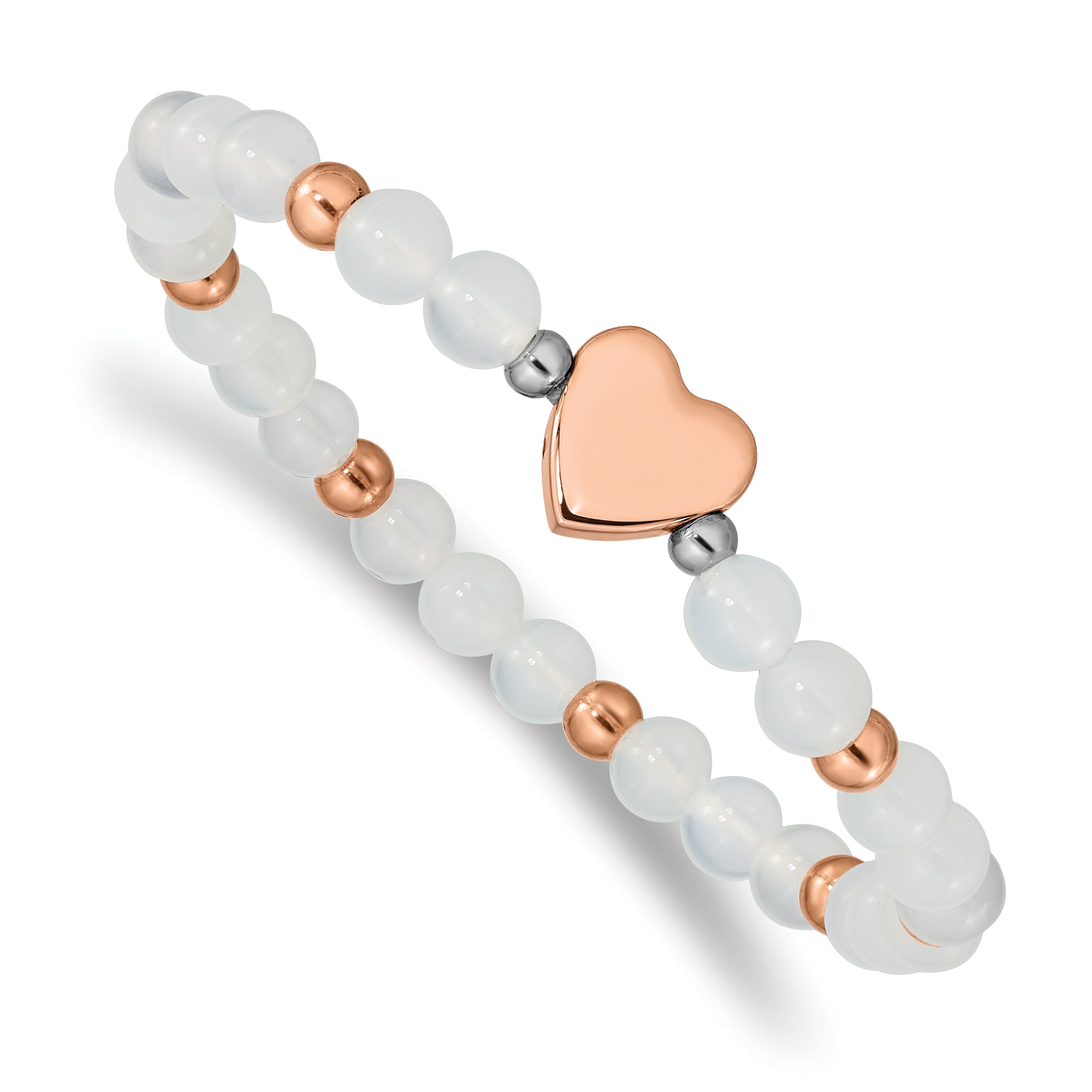 Stainless Steel Polished Rose IP-plated Heart 6mm White Agate Beaded Stretch Bracelet for Women Main image