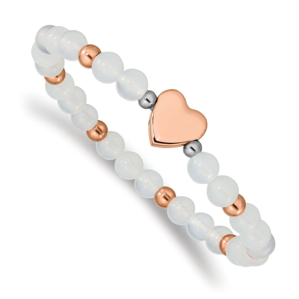 Stainless Steel Polished Rose IP-plated Heart 6mm White Agate Beaded Stretch Bracelet for Women