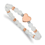 Stainless Steel Polished Rose IP-plated Heart 6mm White Agate Beaded Stretch Bracelet for Women