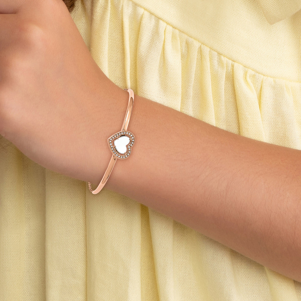 Stainless Steel Polished Rose IP-plated White Enameled Cubic Zirconia Heart Bangle Bracelet with Extension for Women
