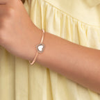 Stainless Steel Polished Rose IP-plated White Enameled Cubic Zirconia Heart Bangle Bracelet with Extension for Women