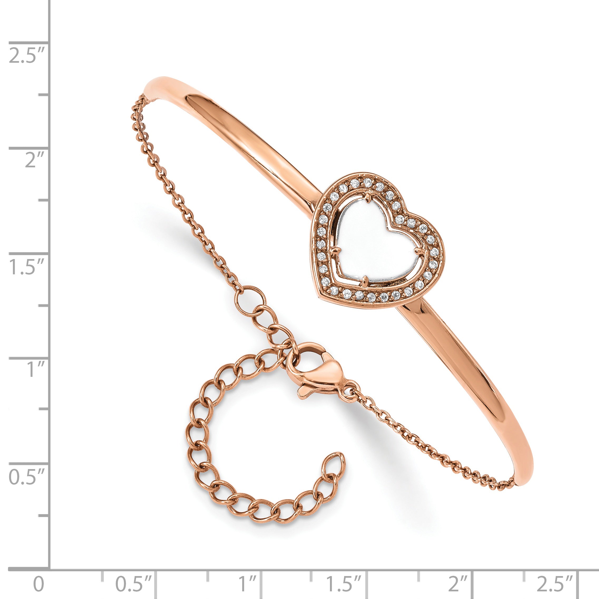 Stainless Steel Polished Rose IP-plated White Enameled Cubic Zirconia Heart Bangle Bracelet with Extension for Women Secondary image