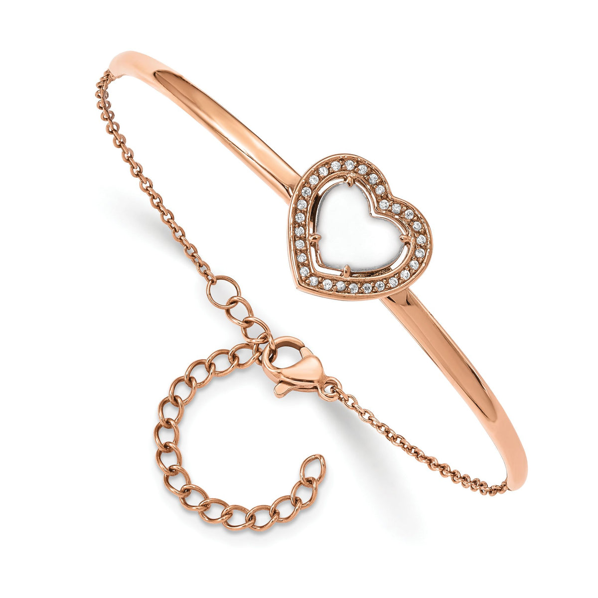 Cubic Zirconia Heart Bangle Bracelet in Rose IP-Plated Stainless Steel, 6.5 Inch - Sophia Jewelers Main image