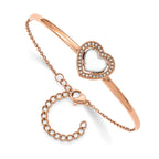 Stainless Steel Polished Rose IP-plated White Enameled Cubic Zirconia Heart Bangle Bracelet with Extension for Women