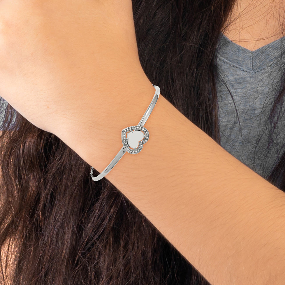 Stainless Steel Polished with Cubic Zirconia Heart Bangle Bracelet with Extension for Women
