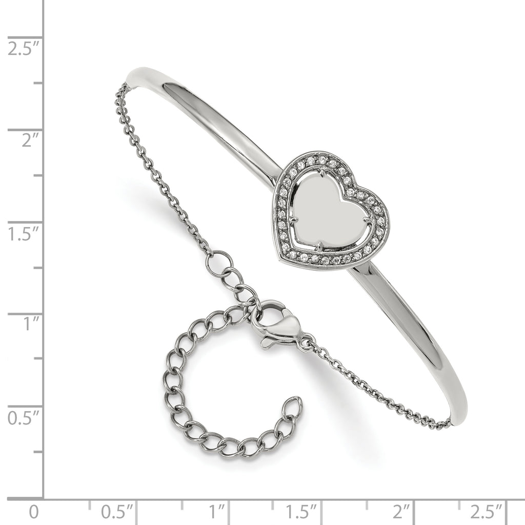Stainless Steel Polished with Cubic Zirconia Heart Bangle Bracelet with Extension for Women