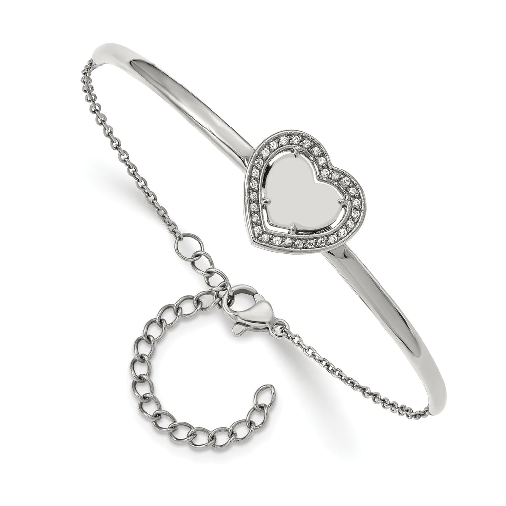 Stainless Steel Polished with Cubic Zirconia Heart Bangle Bracelet with Extension for Women