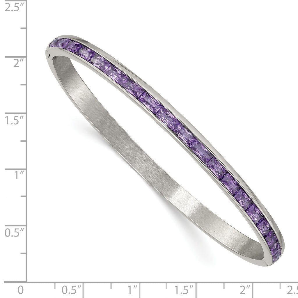 Stainless Steel Polished Purple Cubic Zirconia 5mm Hinged Bangle Bracelet for Women