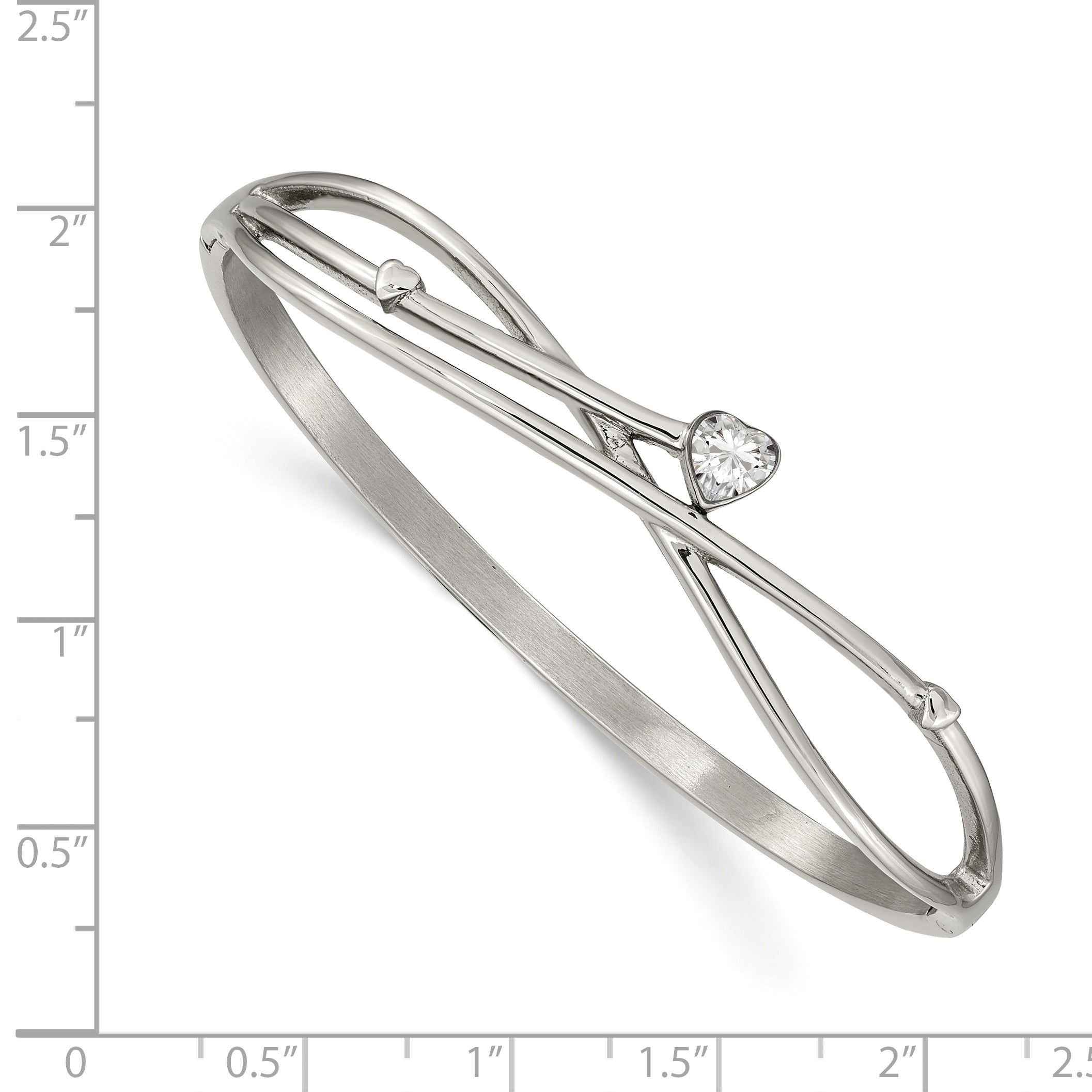 Stainless Steel Polished Heart Cubic Zirconia Hinged Bangle Bracelet for Women