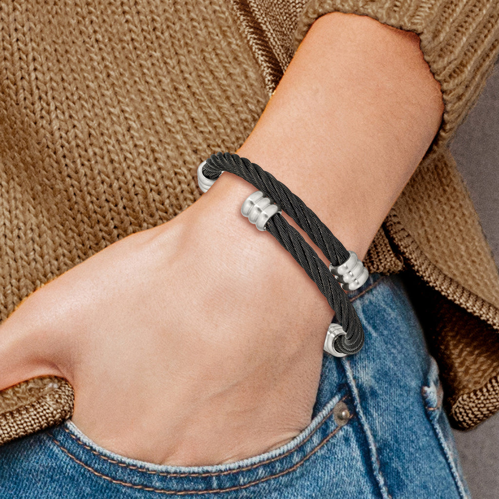 Stainless Steel Brushed and Polished Black IP-plated Wire Flexible Bangle Bracelet for Women