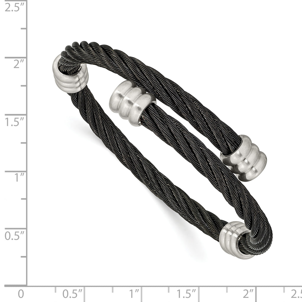 Stainless Steel Brushed and Polished Black IP-plated Wire Flexible Bangle Bracelet for Women