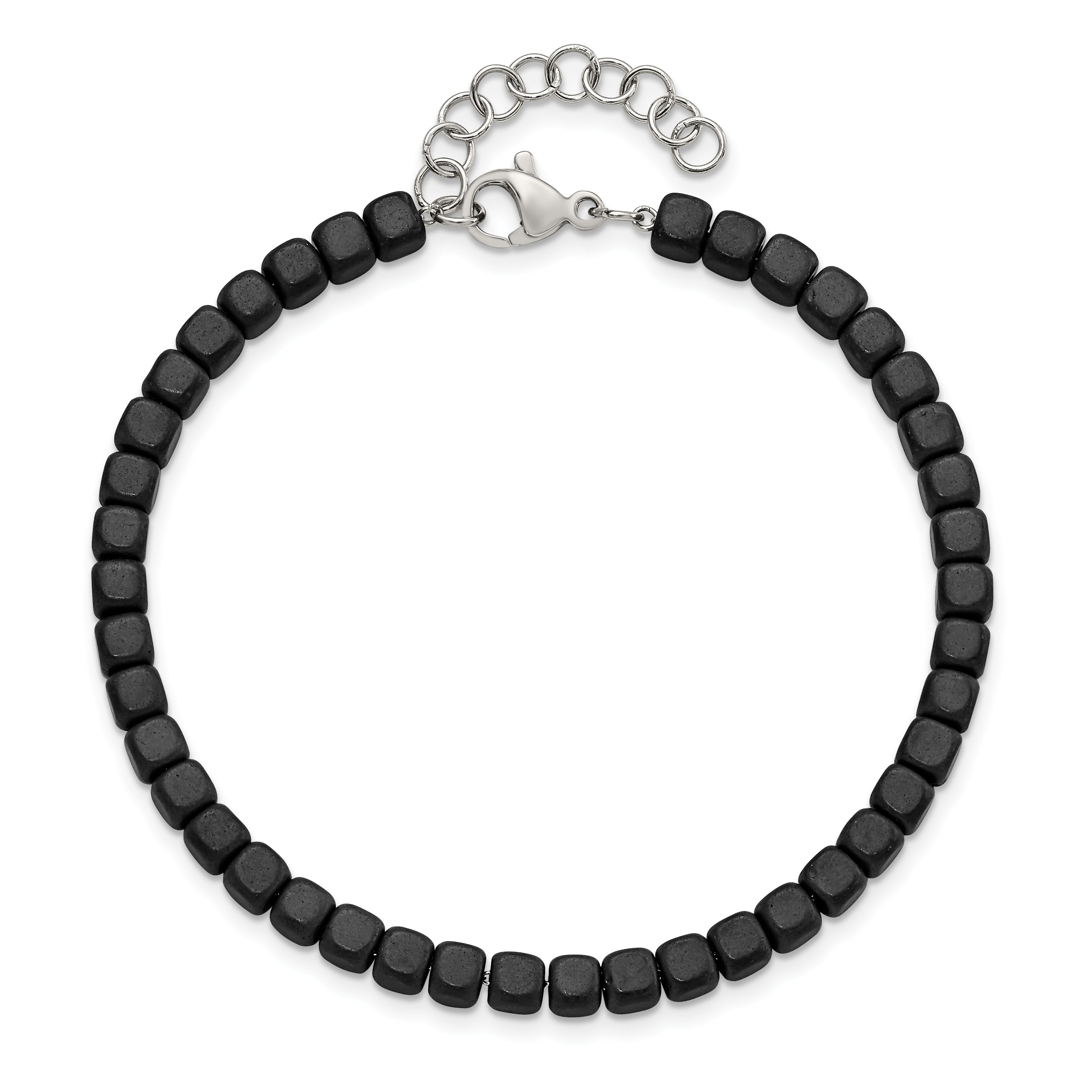 Stainless Steel Brushed and Polished Square Hematite Beaded Bracelet with Extension for Women