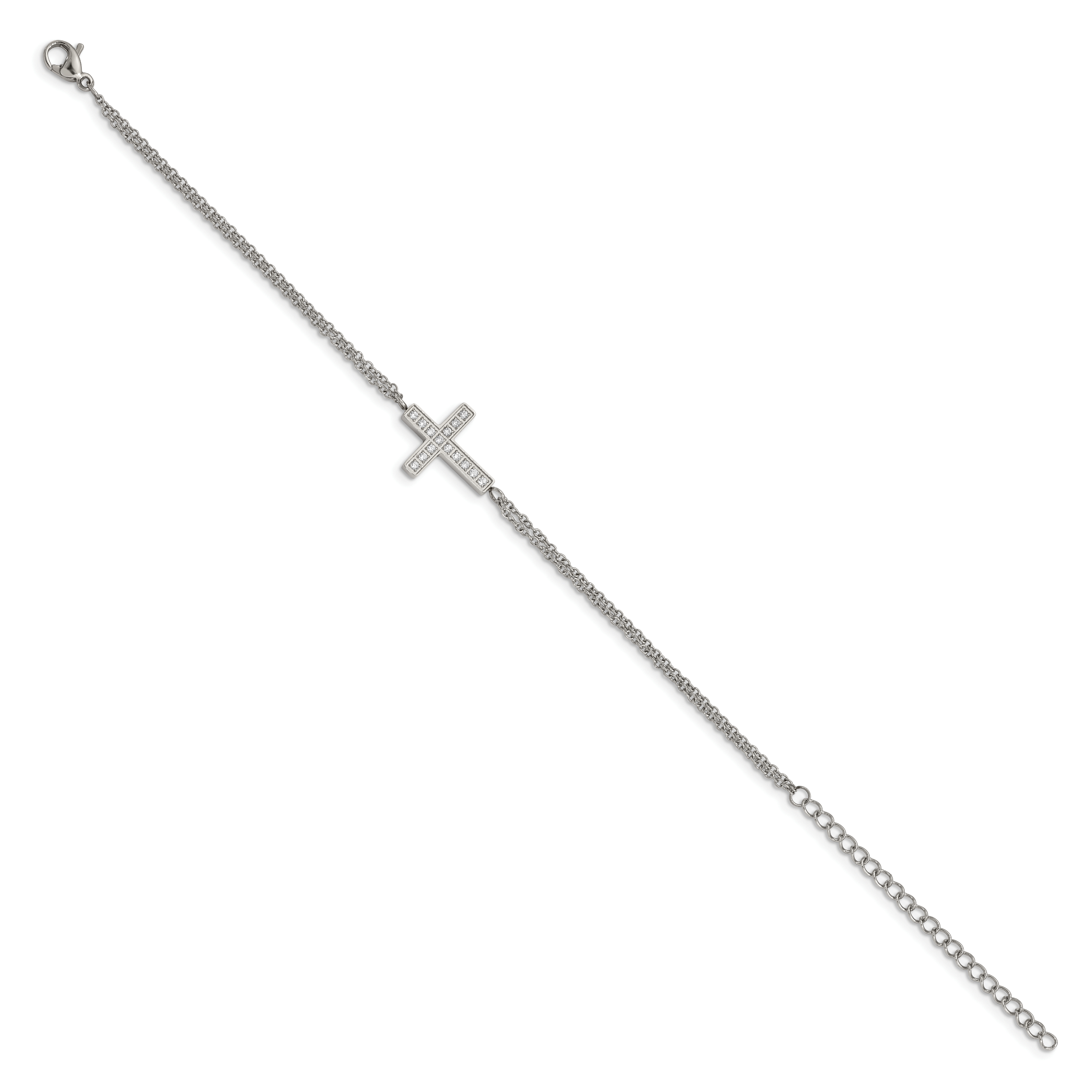 Stainless Steel Polished Cubic Zirconia Sideways Cross Bracelet with Extension for Women Secondary image