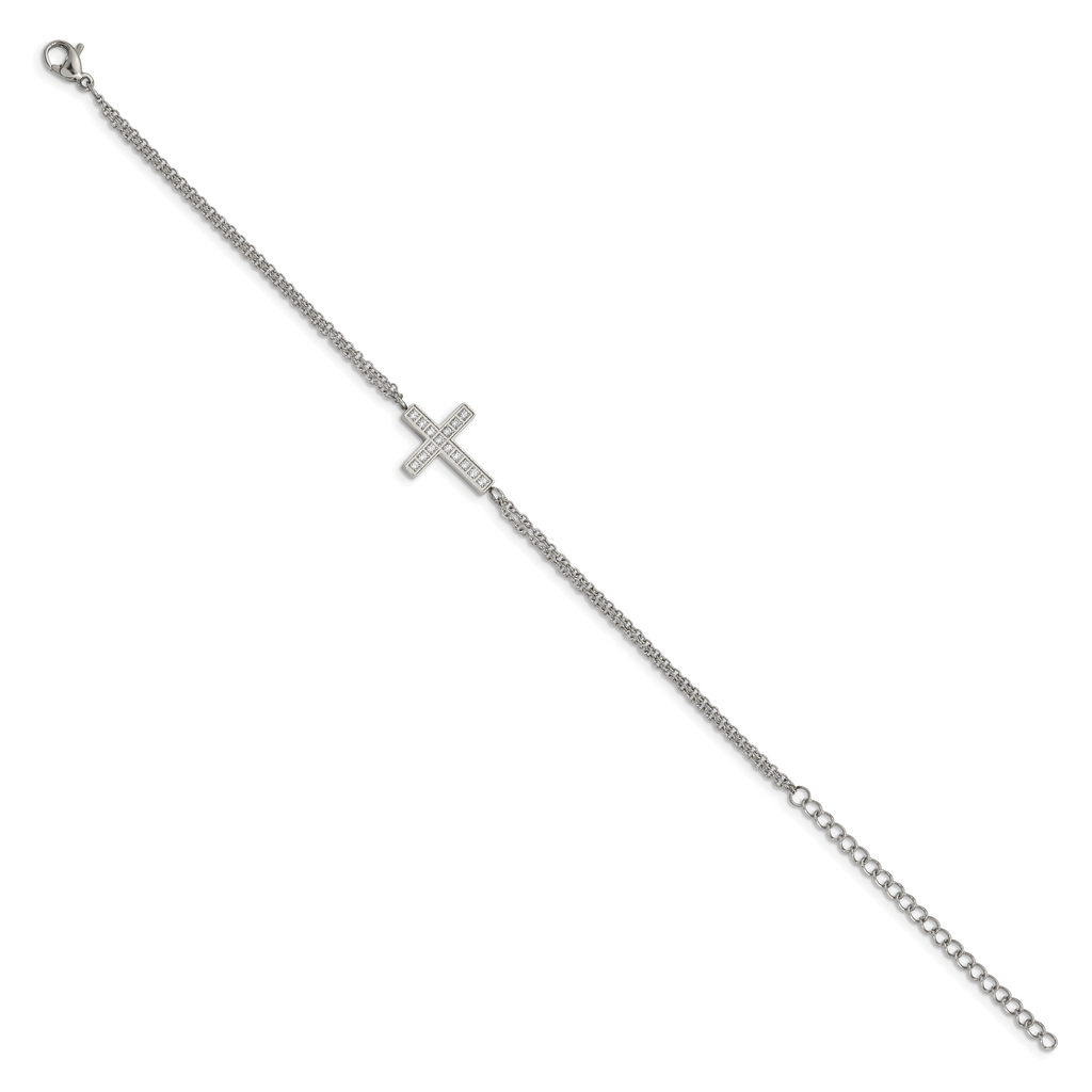 Stainless Steel Polished Cubic Zirconia Sideways Cross Bracelet with Extension for Women
