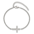 Stainless Steel Polished Cubic Zirconia Sideways Cross Bracelet with Extension for Women