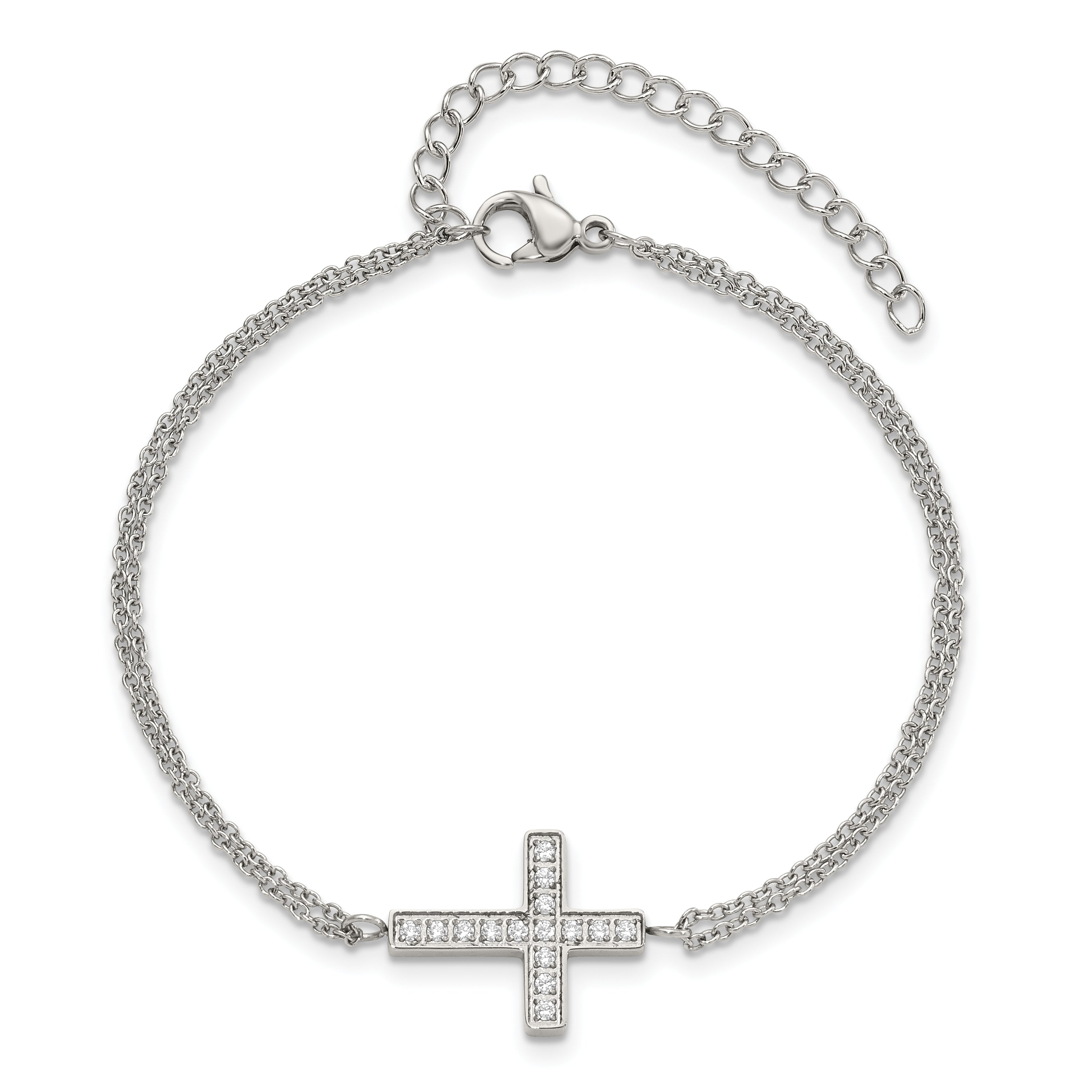 Stainless Steel Polished Cubic Zirconia Sideways Cross Bracelet with Extension for Women