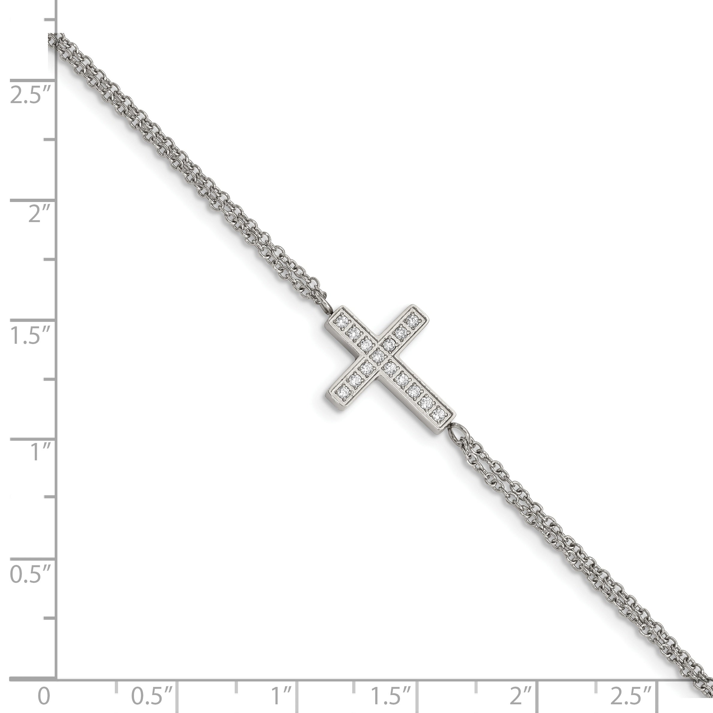 Stainless Steel Polished Cubic Zirconia Sideways Cross Bracelet with Extension for Women