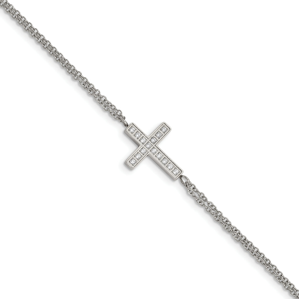Stainless Steel Polished Cubic Zirconia Sideways Cross Bracelet with Extension for Women