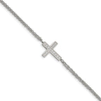 Stainless Steel Polished Cubic Zirconia Sideways Cross Bracelet with Extension for Women