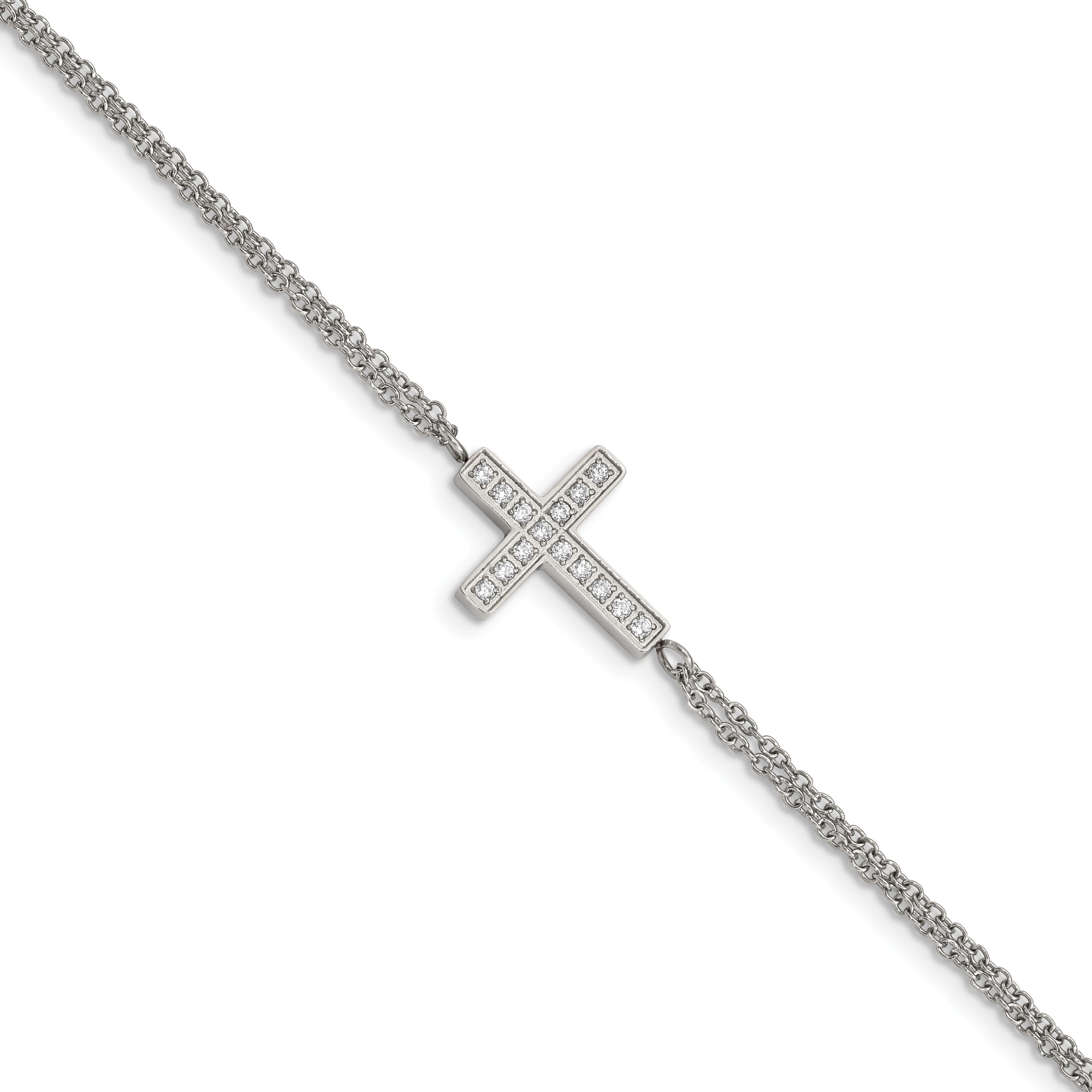 Stainless Steel Polished Cubic Zirconia Sideways Cross Bracelet with Extension for Women