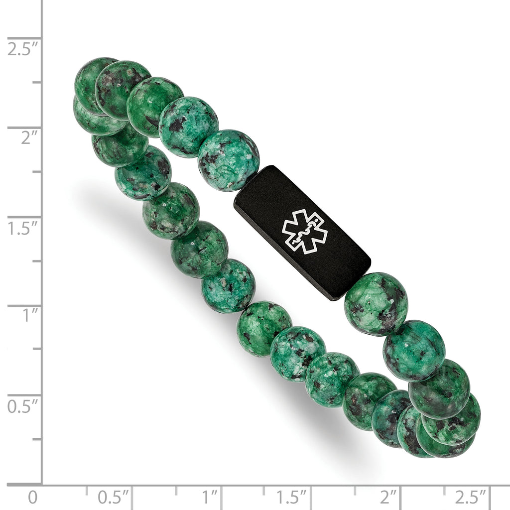 Stainless Steel Brushed Black IP-plated with White Enamel Medical ID 8.5mm Dyed Green Stone Beaded Stretch Bracelet
