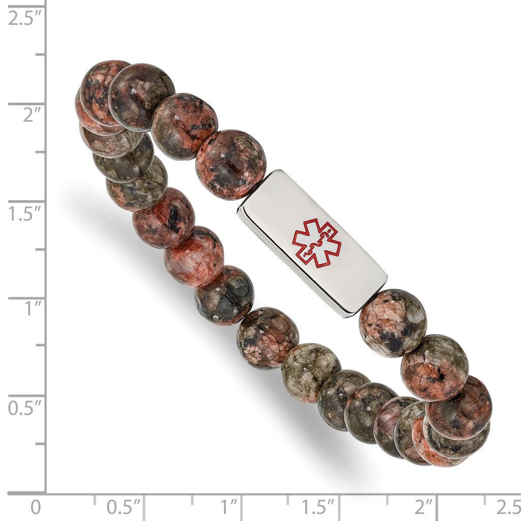 Stainless Steel Polished with Red Enamel Medical ID 8.5mm Poppy Jasper Beaded Stretch Bracelet