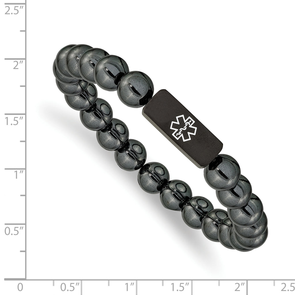 Stainless Steel Brushed Black IP-plated with White Enamel Medical ID 8mm Hematite Beaded Stretch Bracelet