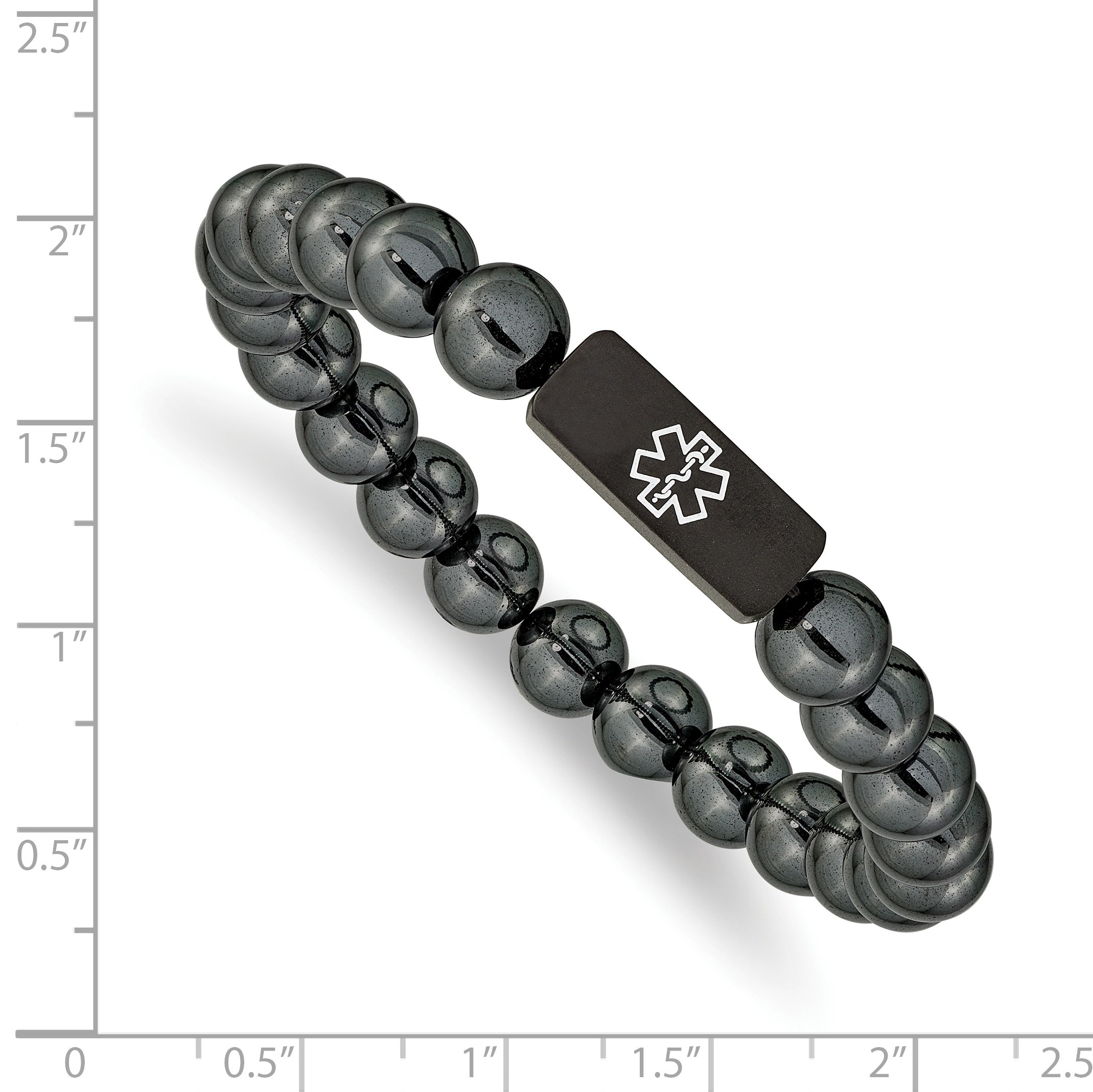 Stainless Steel Brushed Black IP-plated with White Enamel Medical ID 8mm Hematite Beaded Stretch Bracelet
