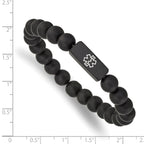 Stainless Steel Brushed Black IP-plated with White Enamel Medical ID 8.5mm Black Agate Beaded Stretch Bracelet