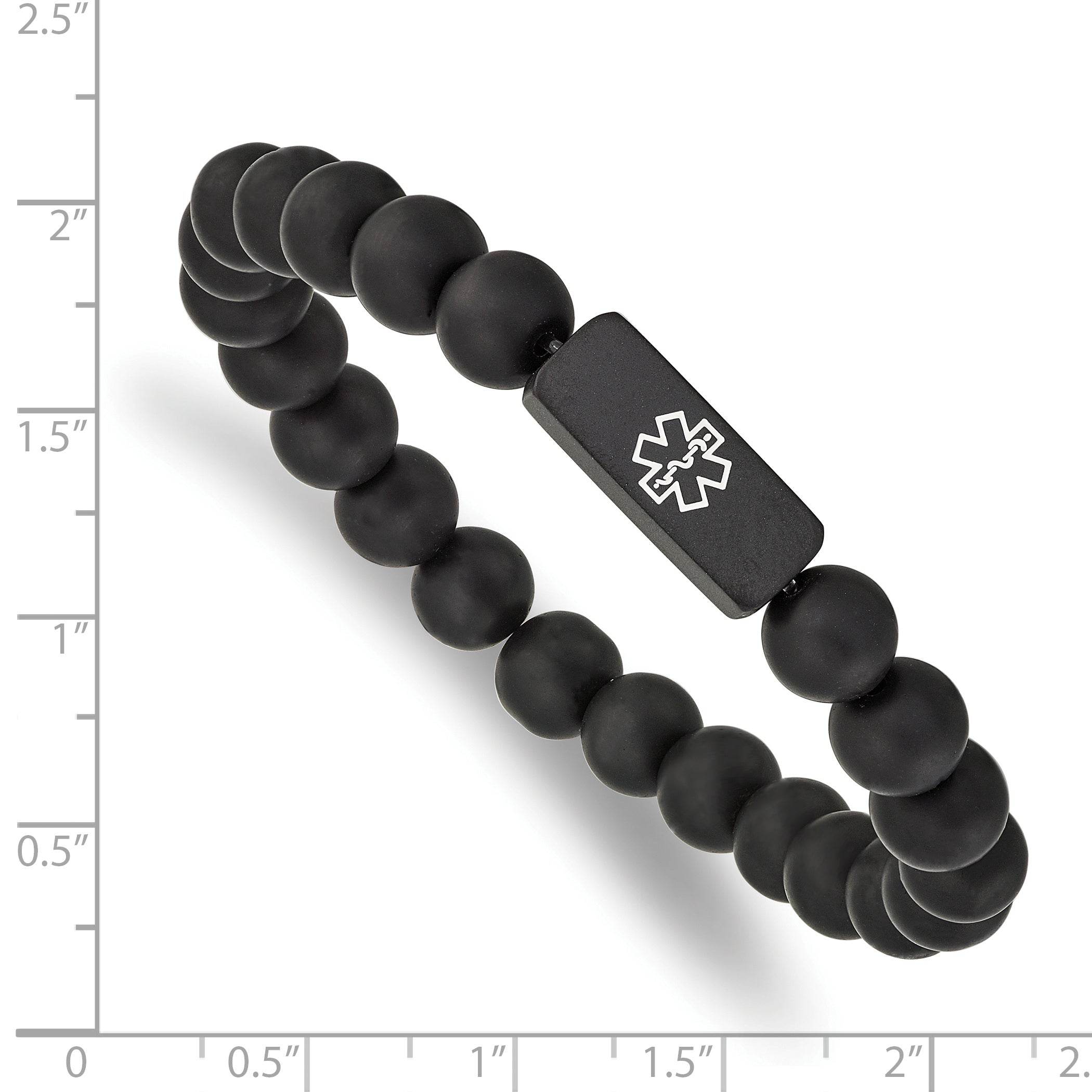 Stainless Steel Brushed Black IP-plated with White Enamel Medical ID 8.5mm Black Agate Beaded Stretch Bracelet