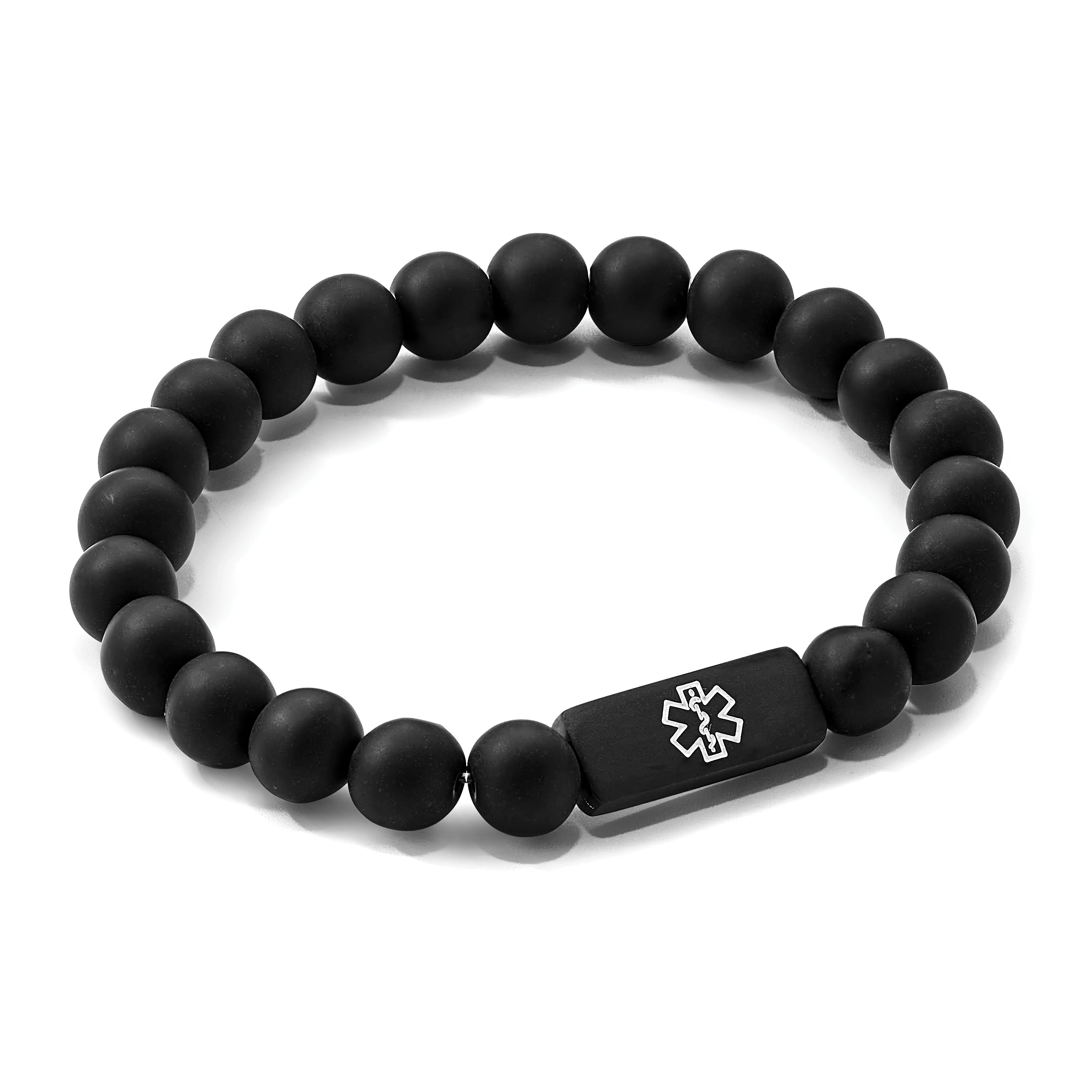 Stainless Steel Brushed Black IP-plated with White Enamel Medical ID 8.5mm Black Agate Beaded Stretch Bracelet
