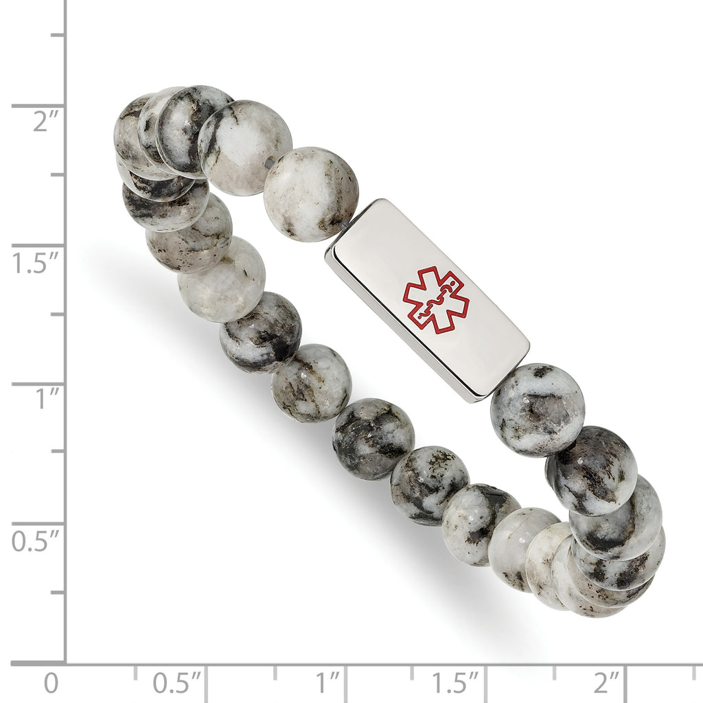 Stainless Steel Polished with Red Enamel Medical ID 8.5mm Lotus Jasper Beaded Stretch Bracelet
