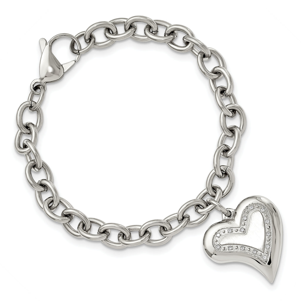 Stainless Steel Polished with Cubic Zirconia Heart Charm Bracelet for Women