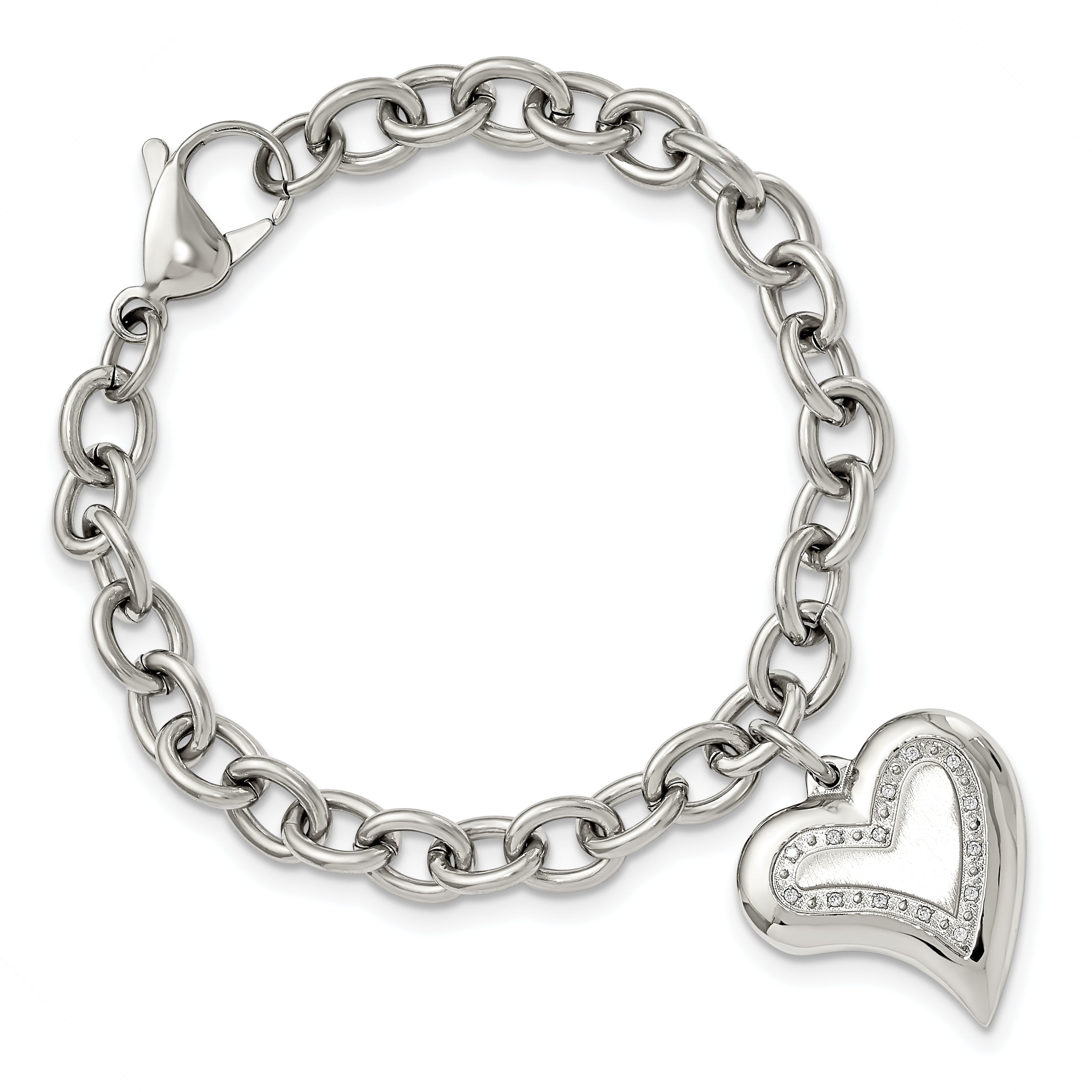 Stainless Steel Polished with Cubic Zirconia Heart Charm Bracelet for Women