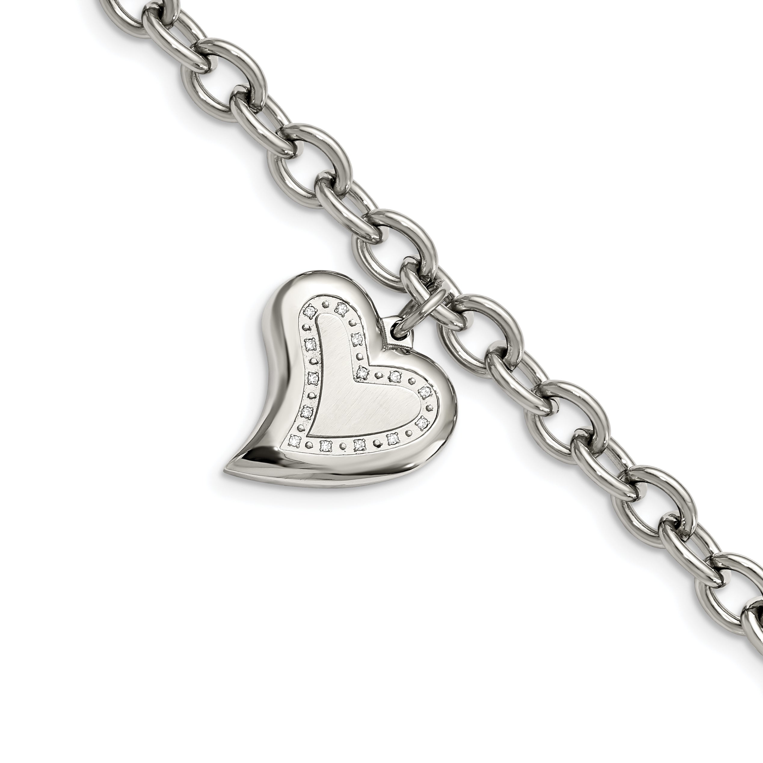 Stainless Steel Polished with Cubic Zirconia Heart Charm Bracelet for Women