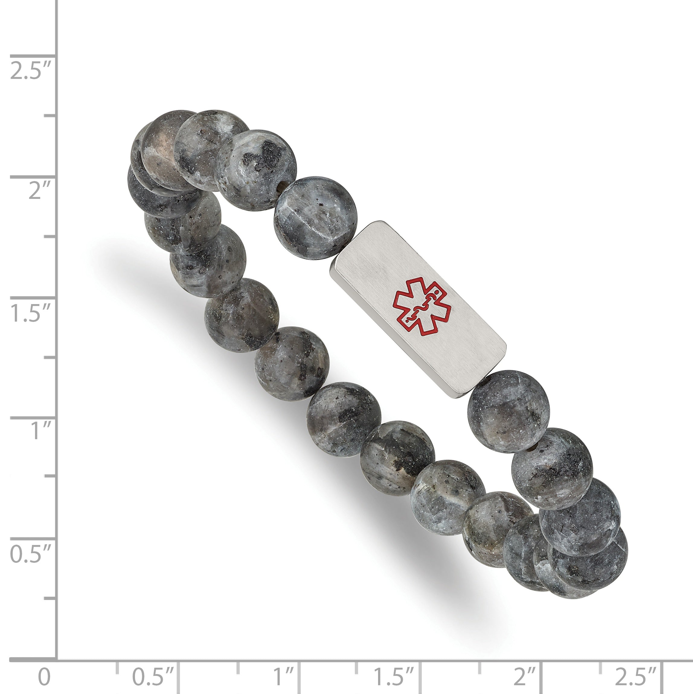 Stainless Steel Brushed with Red Enamel Medical ID 8.5mm Labradorite Beaded Stretch Bracelet