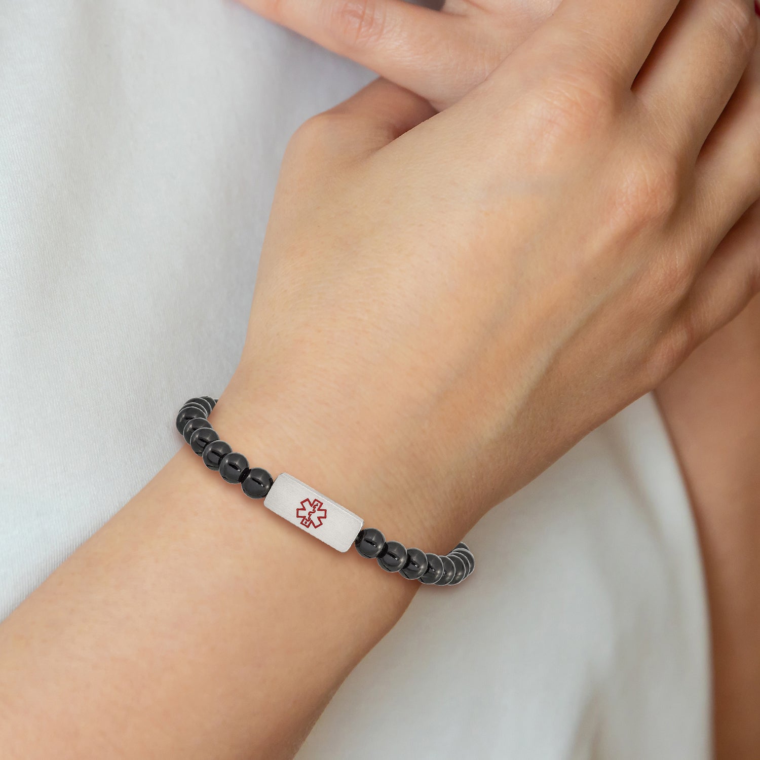 Stainless Steel Brushed with Red Enamel Medical ID 6mm Onyx Beaded Stretch Bracelet