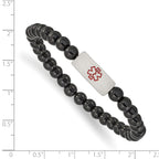 Stainless Steel Brushed with Red Enamel Medical ID 6mm Onyx Beaded Stretch Bracelet