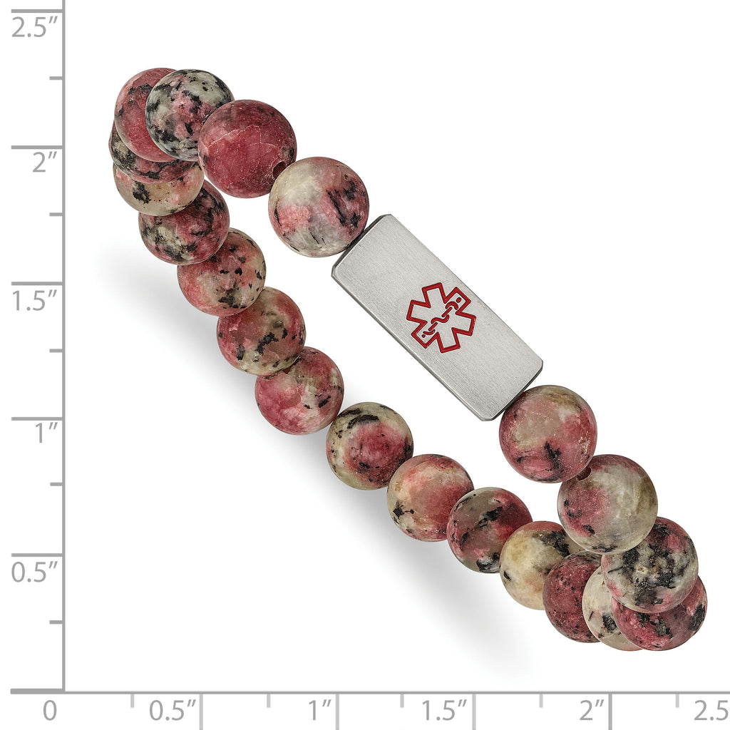 Stainless Steel Brushed with Red Enamel Medical ID 8.5mm Rhodochrosite Beaded Stretch Bracelet