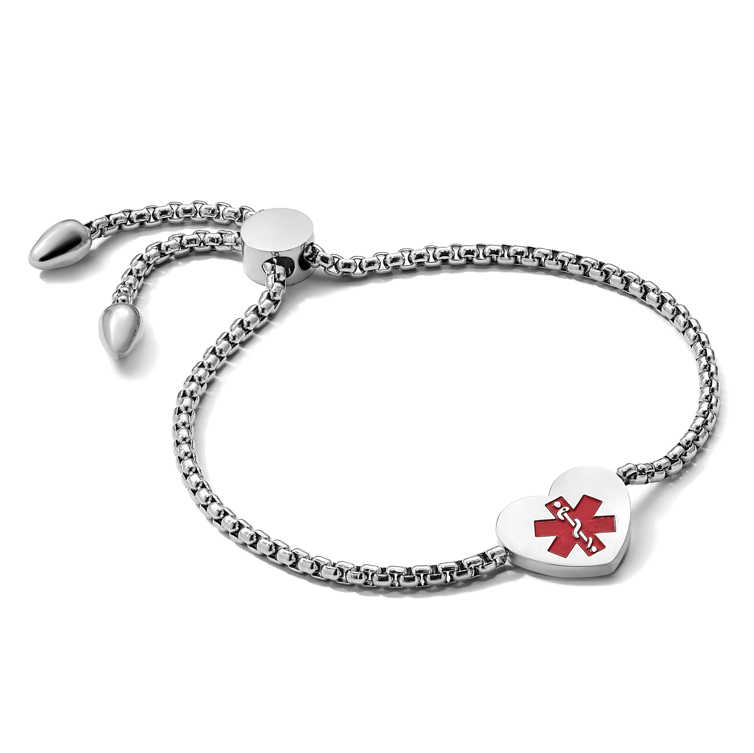 Stainless Steel Polished with Red Enamel Heart Medical ID Adjustable Bracelet for Women
