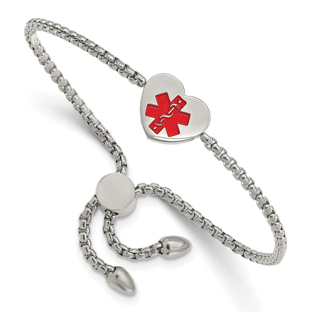 Stainless Steel Polished with Red Enamel Heart Medical ID Adjustable Bracelet for Women