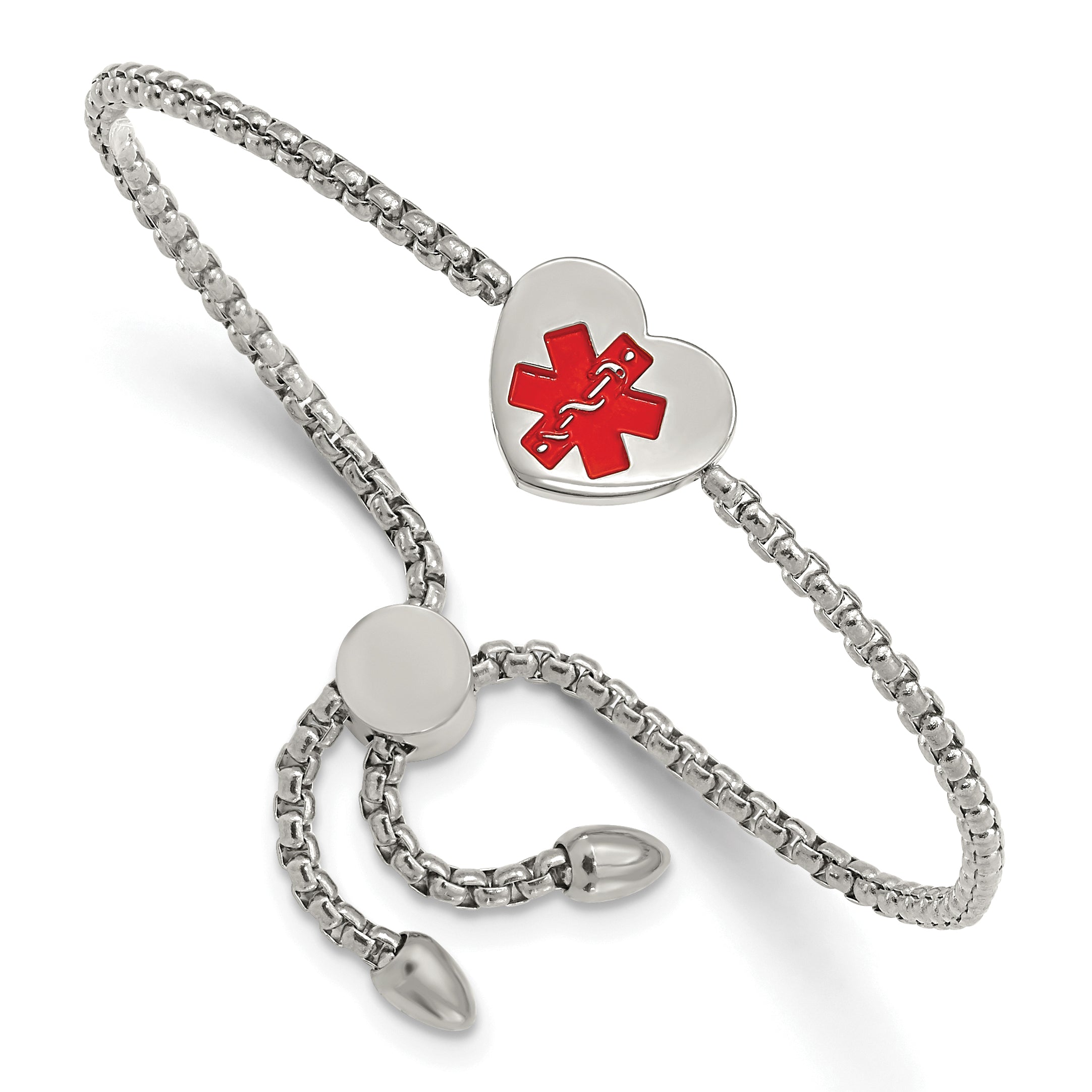Stainless Steel Polished with Red Enamel Heart Medical ID Adjustable Bracelet for Women