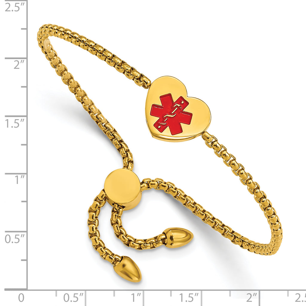 Stainless Steel Polished Yellow IP-plated with Red Enamel Heart Medical ID Adjustable Bracelet for Women
