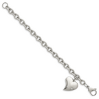 Stainless Steel Polished Link with Cubic Zirconia Heart Dangle Charm Bracelet for Women
