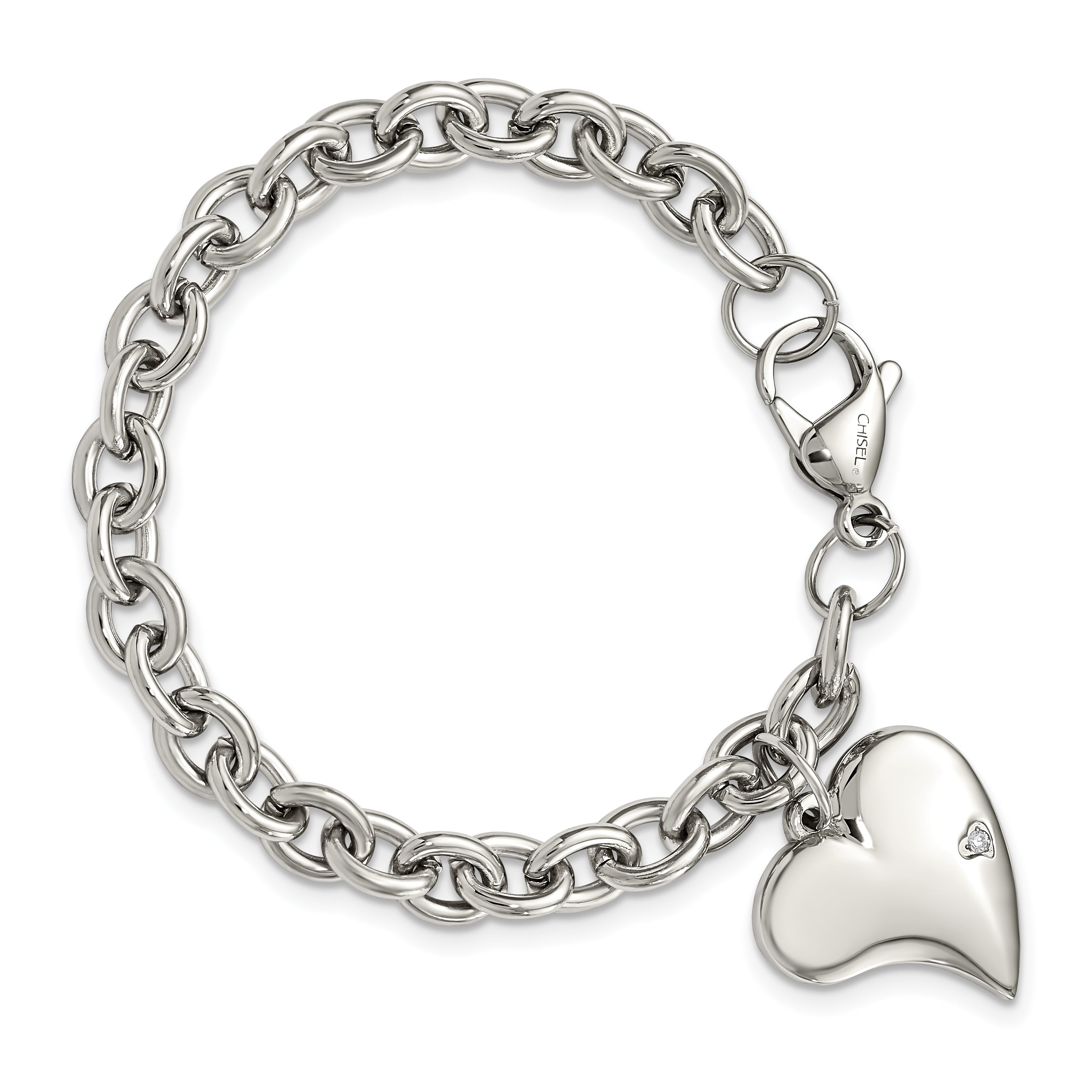 Stainless Steel Polished Link with Cubic Zirconia Heart Dangle Charm Bracelet for Women
