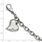 Stainless Steel Polished Link with Cubic Zirconia Heart Dangle Charm Bracelet for Women